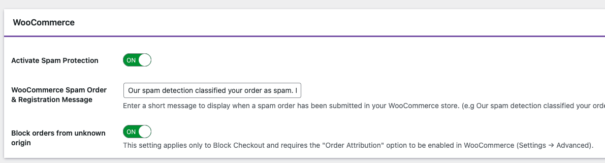 WooCommerce setting in the OOPSpam WordPress plugin